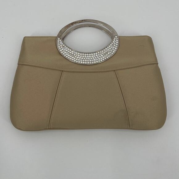 Kate Landry Rhinestones Cocktail Tan Purse Clutch Handle Grommets Strap Retro - Picture 5 of 14